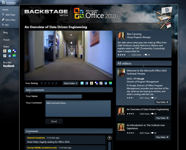 Screenshot of Office 2010 Backstage site